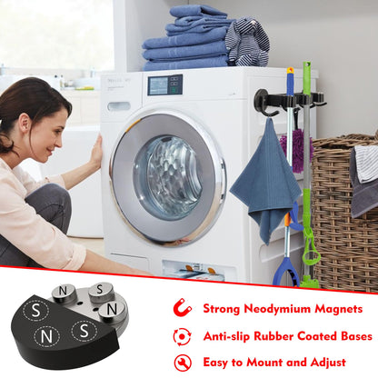 Heavy Duty Magnetic Broom Holder (Heavy Duty,Black,3 Hooks 4 Slots)