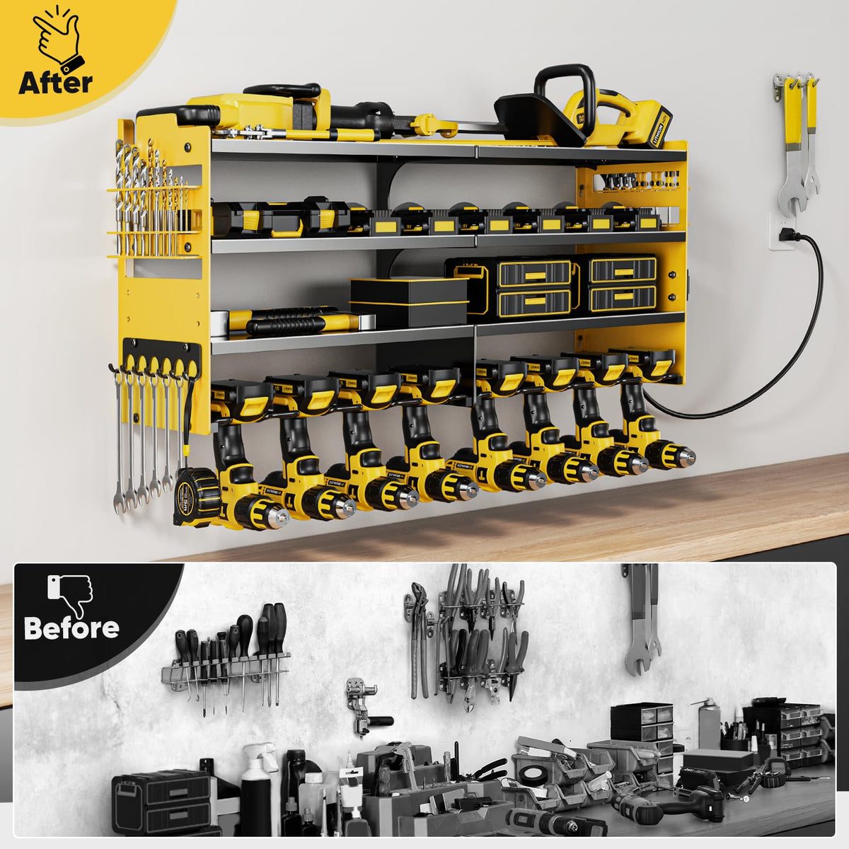 Large Power Tool Organizer Wall Mount with Charging Station (Yellow / Large)
