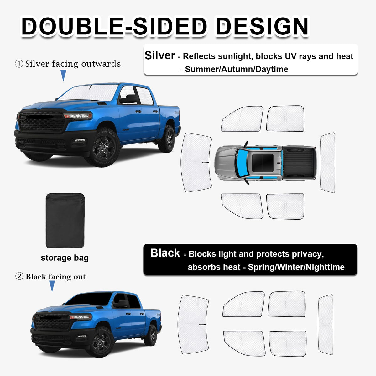 Thicken Sun Shades  for Dodge Ram 1500 Crew Cab 2019 (for Dodge Ram 1500 Crew Cab 2019-2025 2026)