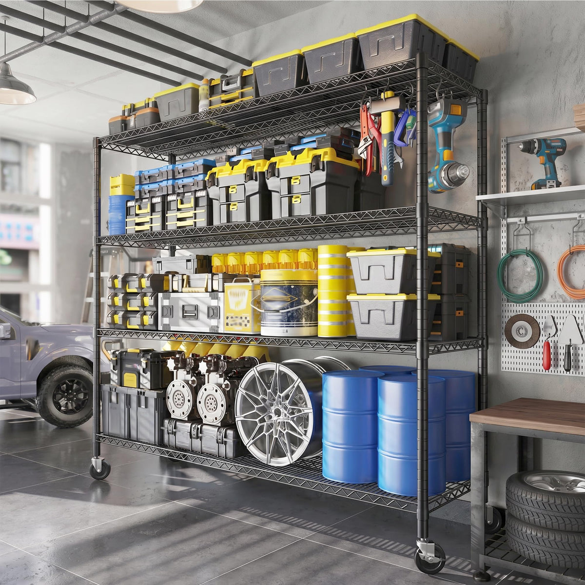 55.52''W Storage Shelves 2480LBS Wire Shelving Unit with Wheels Heavy Duty Metal Shelves for Storage Adjustable Garage Storage Rack Pantry Shelf (Black)
