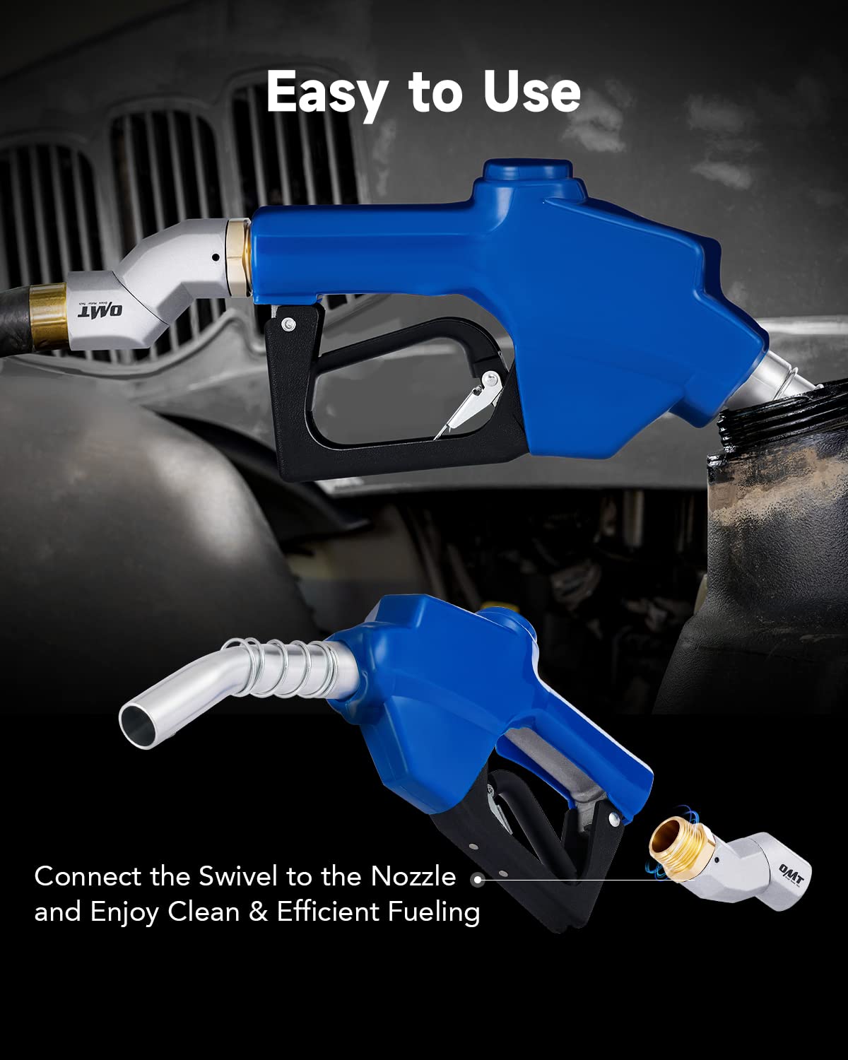 OMT 1" NPT Automatic Fuel Nozzle Kit with 360° Hose Swivel (1"NPT with 1-3/16"Spout)