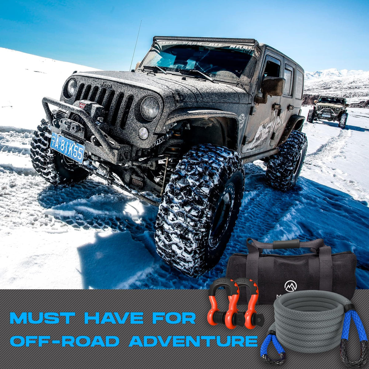 Gear Kinetic Recovery Tow Ropes for Any Recovery Situation (1x30 with D shackles / Grey/Blue)