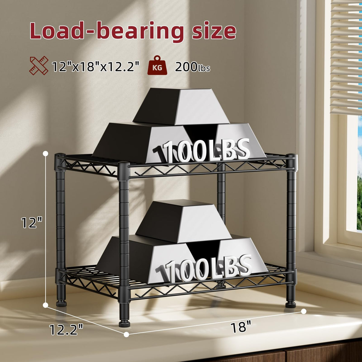 Small Wire 2 Shelves Pantry Metal Shelf Floor Organizer Under Desk (Black / 2-Tier 11.8"D X 17.3"W X 12.2"H)