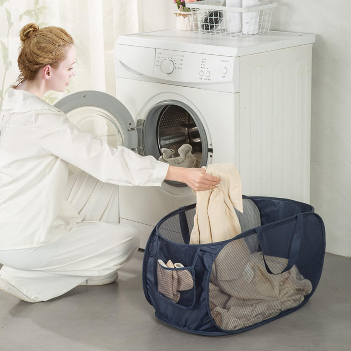 Sturdy Mesh Laundry Hamper Basket Bag (Navy Blue / Pop Horizontal)