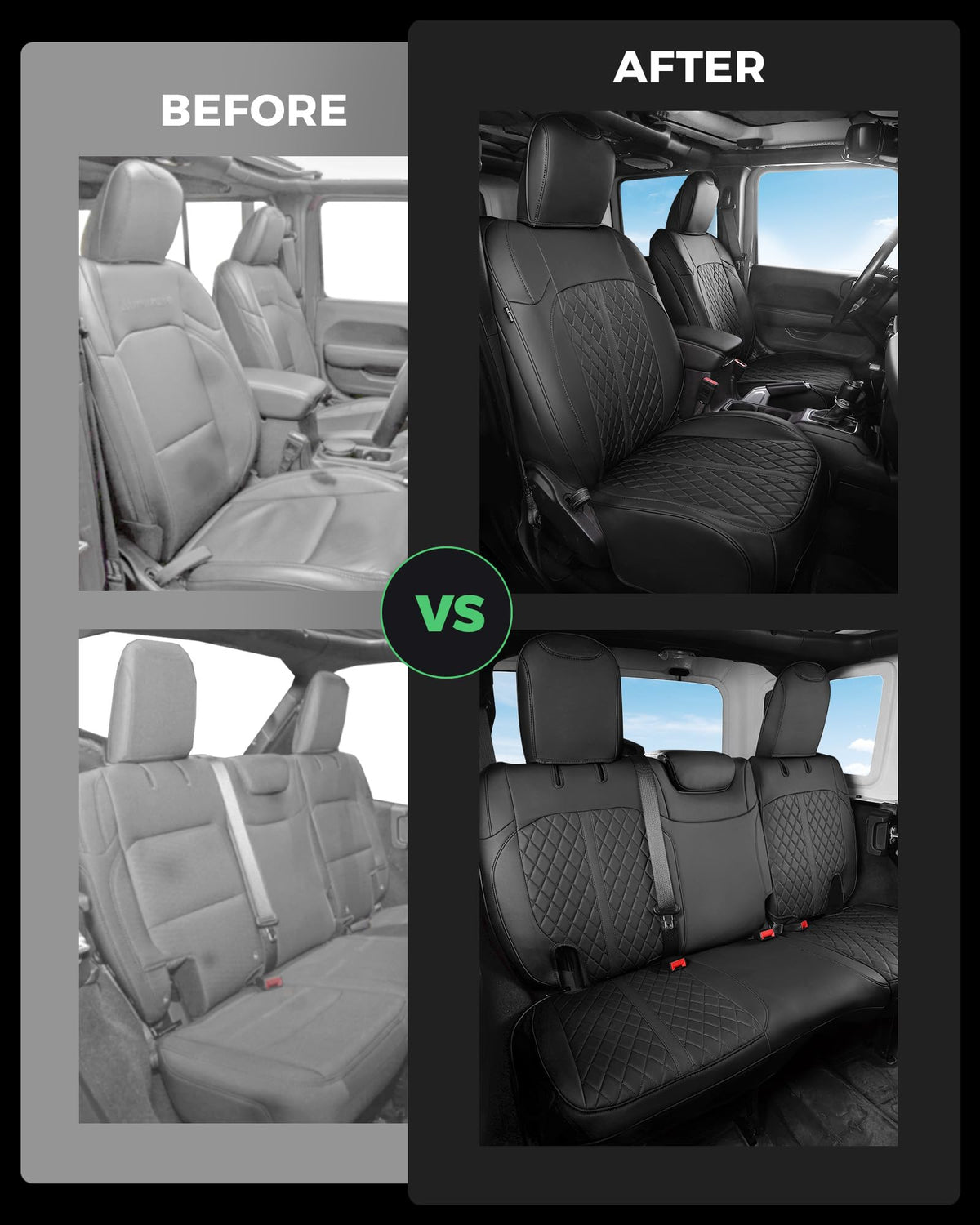 for Jeep Wrangler Leather Custom Car Seat Covers Full Set 4 Door (Black / JL 18-26 4Door Without Rear Cup Holder)