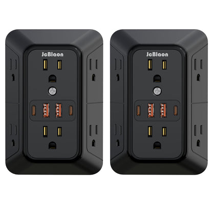 2 Pack Multi Plug Wall Outlet Extender Surge Protector 6 AC Outlet Splitter with 4 USB Ports (Black 2 Pack)