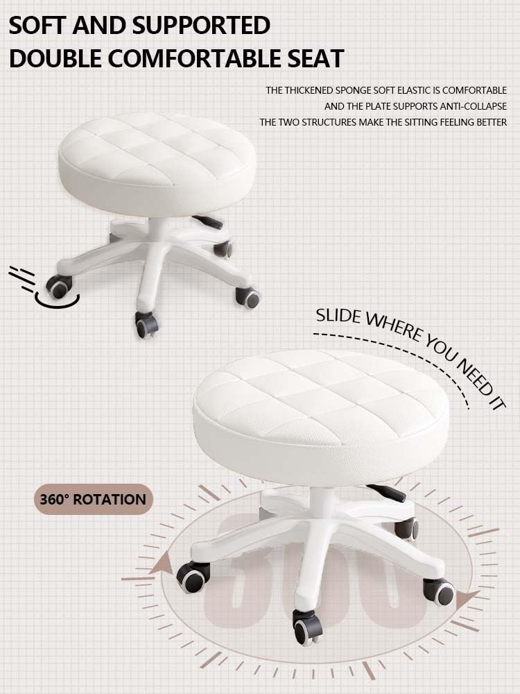 Small Chair Round Rolling Stool with Wheels PU Leather Height Adjustable Swivel Drafting Work SPA Salon Stools Home Office Chair (White / Pack of 2)