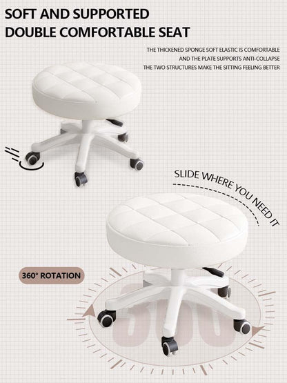 Small Chair Round Rolling Stool with Wheels PU Leather Height Adjustable Swivel Drafting Work SPA Salon Stools Home Office Chair (White / Pack of 2)