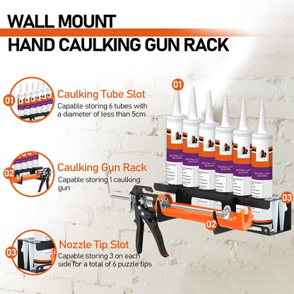 Wall Mount Caulking Gun Rack Holds 6 Caulk Tubes & Nozzles (Black)