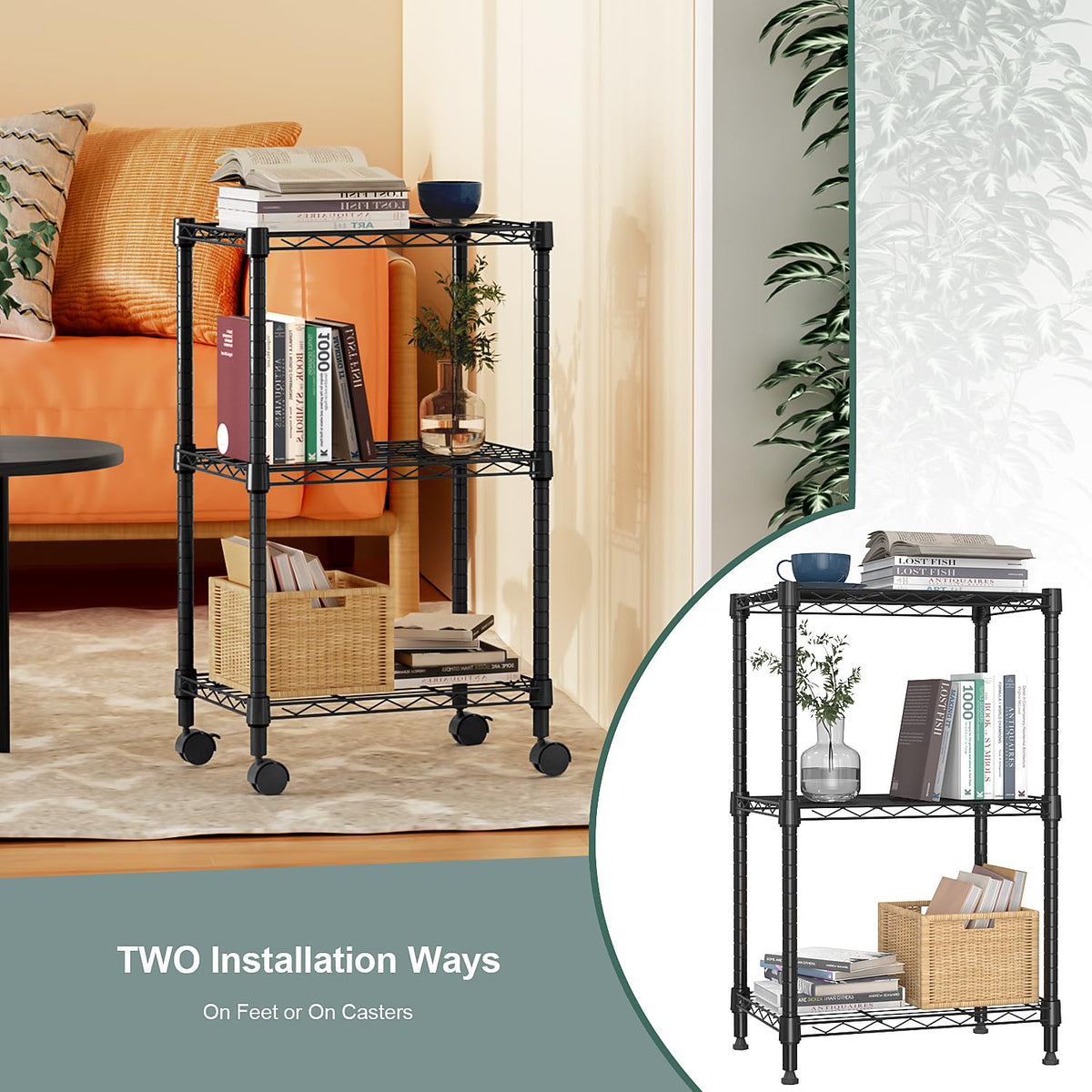 3 Tier Shelf Metal Storage Shelves Wire Rack Closet Organizers with Wheel for Garage Kitchen Bathroom Laundry Black 11.8" D x 17.7" W x 29.8" H (3 tier, 11.8" D x 17.7" W x 29.8" H / Black)
