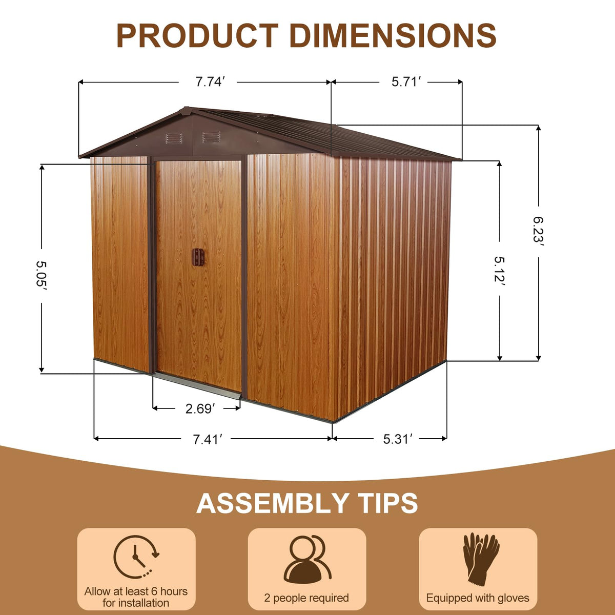 6x8 FT Outdoor Storage Shed (6x8 FT/No Window / Coffee)