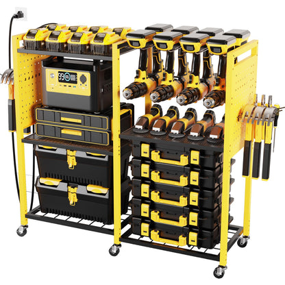 Heavy Duty Power Tools Organizer Cart with Charging Power Strip (Yellow)
