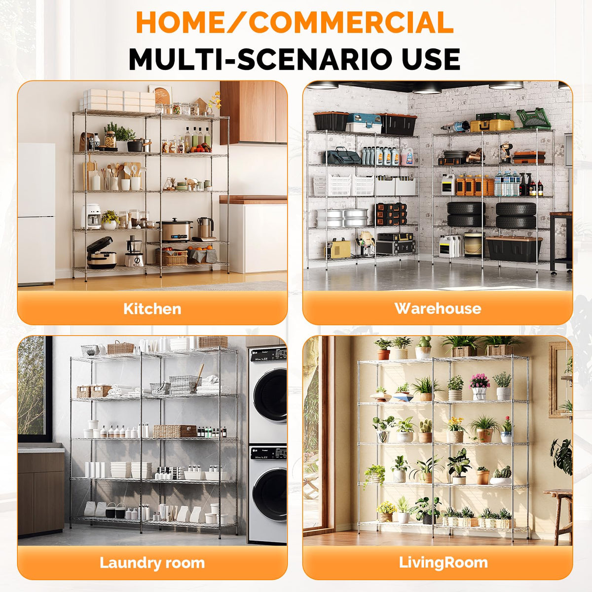 70" W Storage Shelves 1600LBS Heavy Duty Metal Shelving (Chrome / 69.8"W × 15.8"D × 71"H)