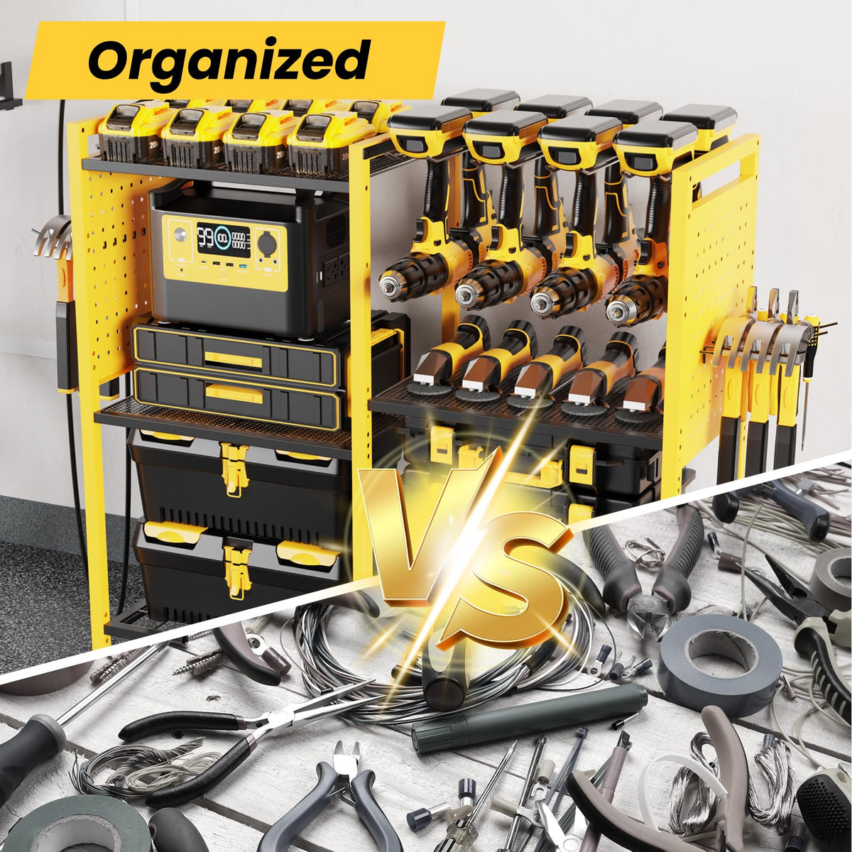 Heavy Duty Power Tools Organizer Cart with Charging Power Strip (Yellow)