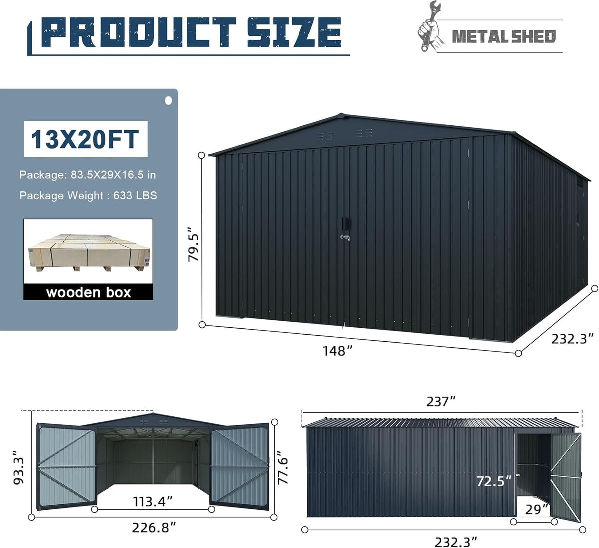 20x13ft Heavy Duty Outdoor Garage Metal Shed (20x13 FT Plus)