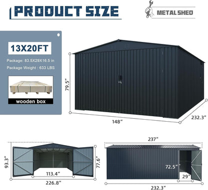 20x13ft Heavy Duty Outdoor Garage Metal Shed (20x13 FT Plus)