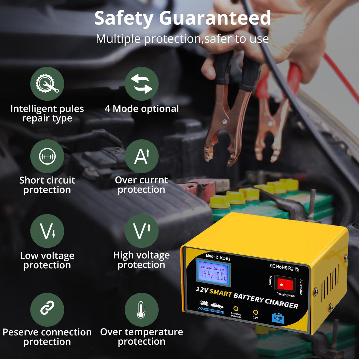 12 Volt Battery Charger 7A Smart Car Battery Charger and Maintainer with Cable Clamps (YELLOW-12)