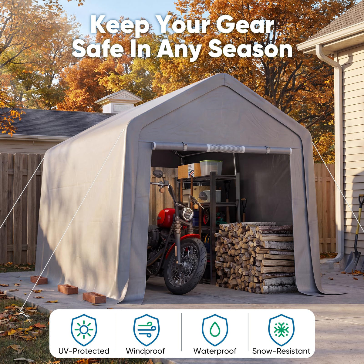 8x12FT Long Storage Shelter Portable  Shed with Roll (8'X12' / Silver Gray)